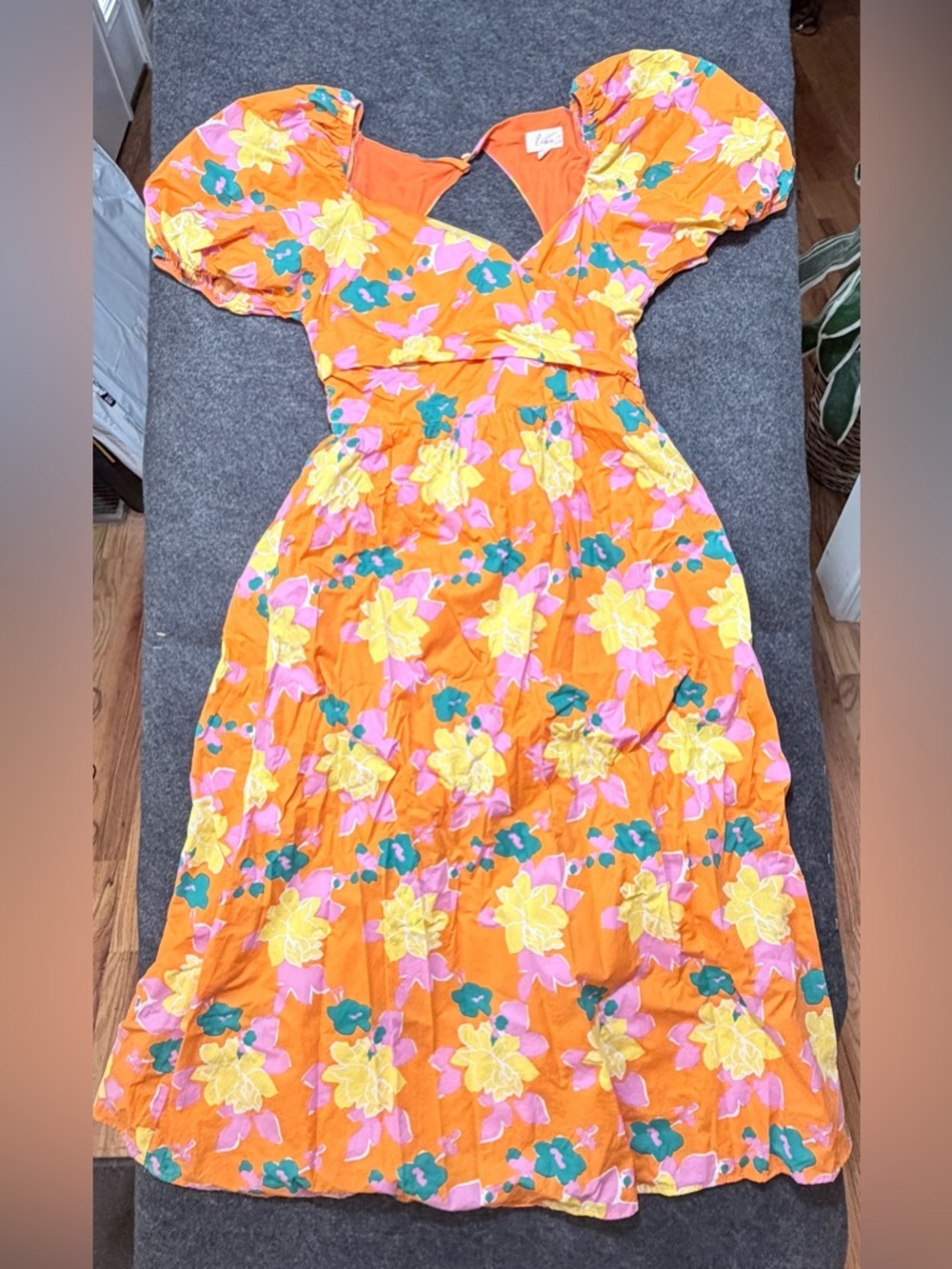 Lena Orange Floral Puff-Sleeve Backless Midi Dress Kentucky Derby Dress